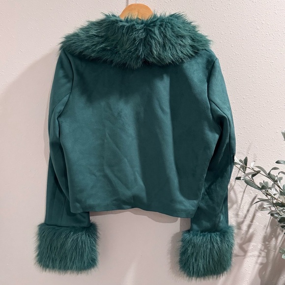 Shaci NWT Teal Size Medium Riley Vegan Suede Jacket Faux Fur Glam Y2K Statement - Picture 2 of 7